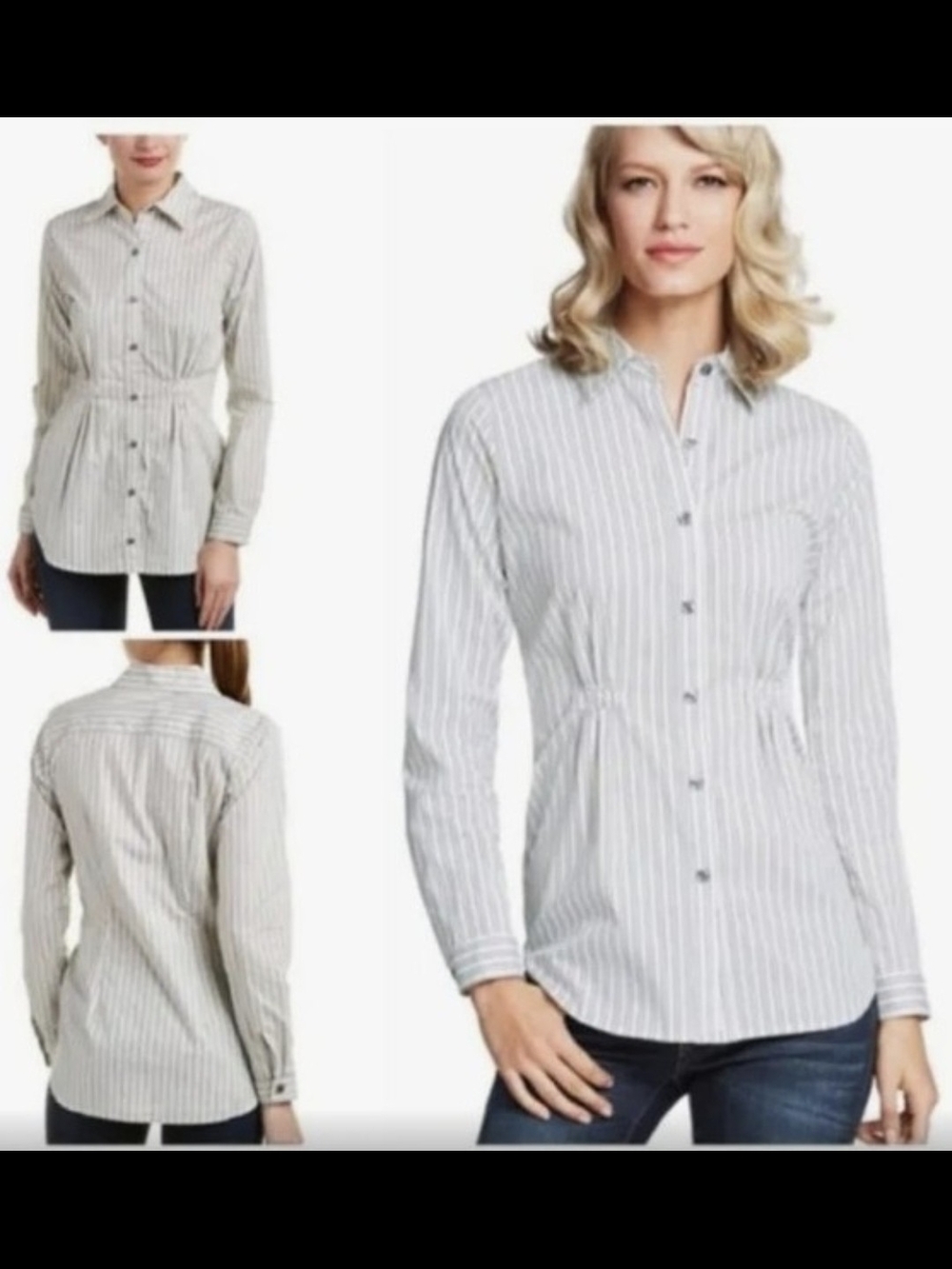 CAbi 54077 Striped Button-Up Shirt in White, Blue & Pale Yellow - Medium